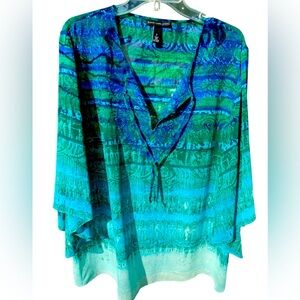 🌊 Chico’s Black Label Sheer Tunic Top Size 2 – Ocean Teal Blue Ombre Boho Blouse